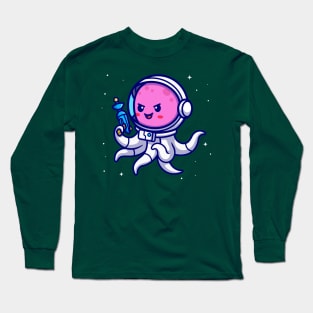 Cute Octopus Astronaut Holding Weapon Cartoon Long Sleeve T-Shirt